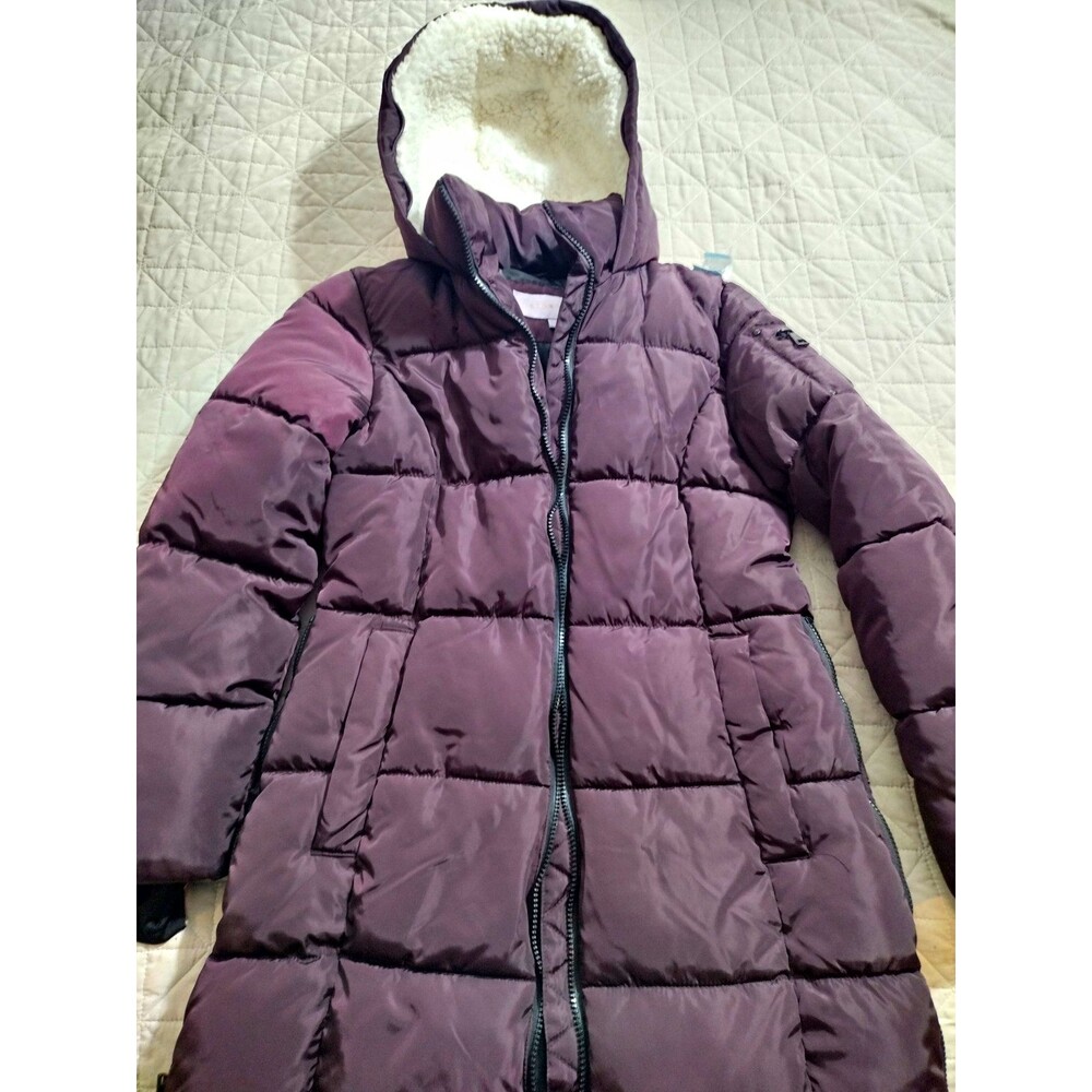Madden Girl Women's Purple Hooded Puffer Coat Mid-Length Full Zip Pockets S/P